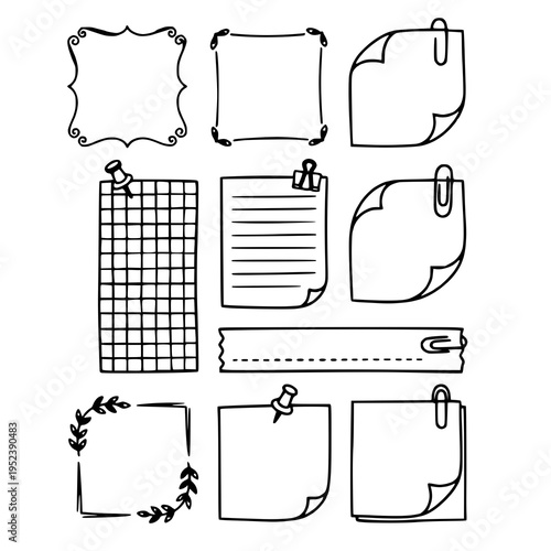 Collection of hand-drawn frames and boxes in doodle style, ideal for scrapbook, label, and stationery themed designs.