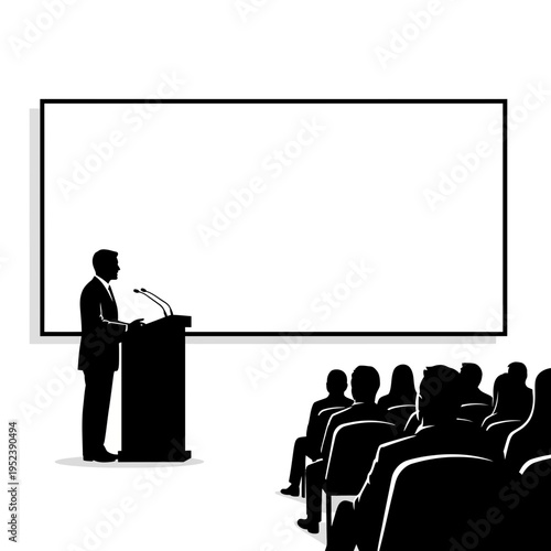 Businessman Speaking at Podium to Audience.