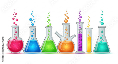Collection of laboratory beakers and flasks filled with colorful liquids and bubbling science experiments