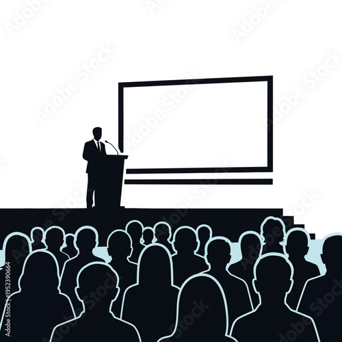 Man Speaking at Podium to Audience.