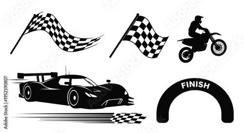 Racing elements including a car motorcycle and flags silhouette