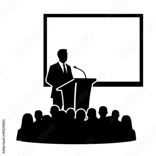 Man Giving Presentation to Audience at Podium.