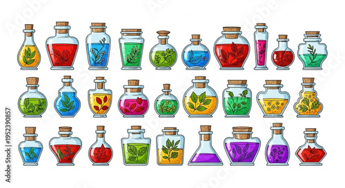 Collection of various glass potion bottles filled with colorful liquids and botanical elements, perfect for fantasy or magical themes