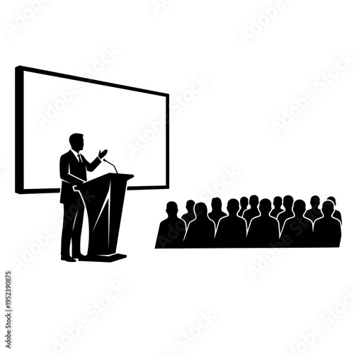 Man presenting to audience at podium.