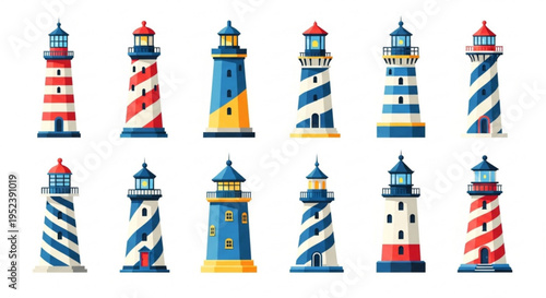 Collection of various lighthouse designs, each with unique patterns and colors, standing tall as beacons of maritime guidance and coastal navigation