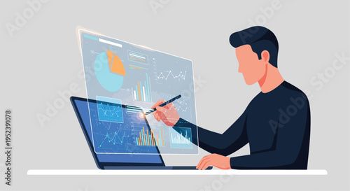 Man interacting with data visualizations on a laptop and holographic display