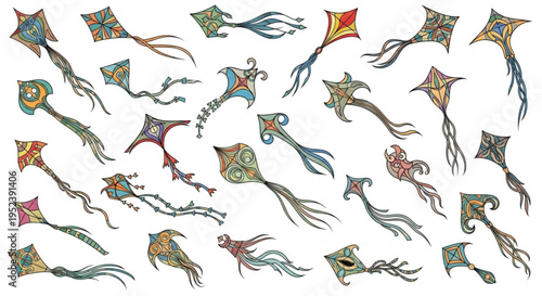 Colorful and intricately designed kites of various shapes and patterns adorning a white background, ready for flight and celebration