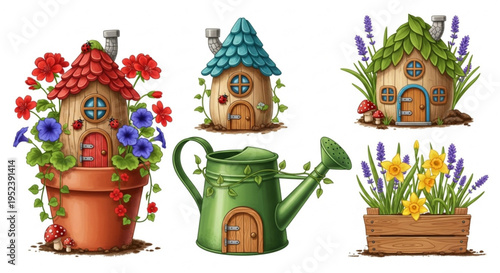 Charming whimsical fairy garden houses miniature homes nestled in flowerpots, a watering can, and wooden planters, ideal for enchanting nature-inspired designs