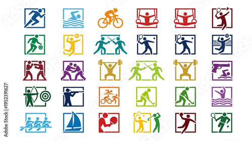 Modern graphic icons of diverse sports. Set of pictograms showing athletes in action across various competitive athletic events.