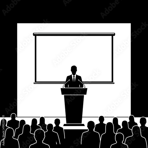 Businessman giving presentation to audience at podium.