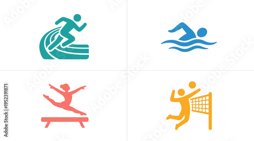 Dynamic graphic symbols of sports: Running, swimming, gymnastics, and volleyball icons with smooth, rounded edges.