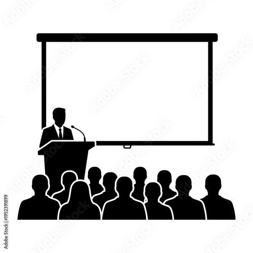 Man presenting to audience with projector screen.