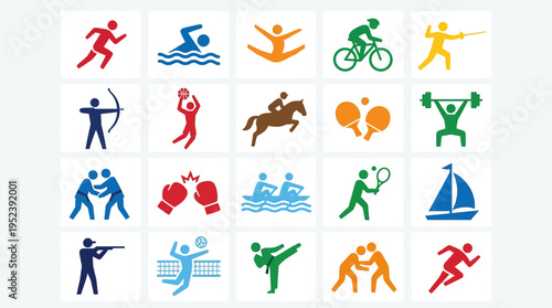 A vibrant collection of minimalist vector icons illustrating diverse athletic activities from global sporting events for digital design resources.