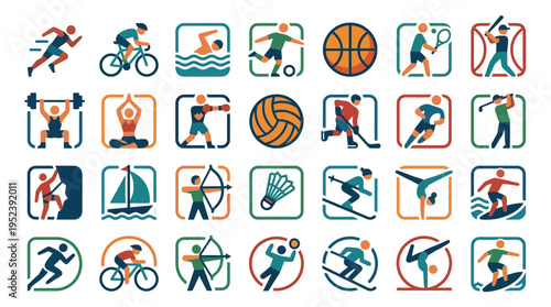 Diverse collection of flat design sports icons featuring people engaged in various athletic activities and competitive exercises