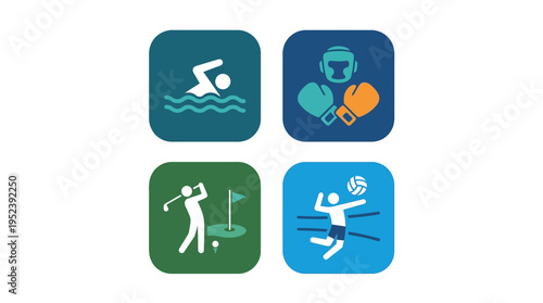 Dynamic sports activity icon set: diverse athletic symbols for swimming, golf, boxing, and volleyball in a clear graphic style.