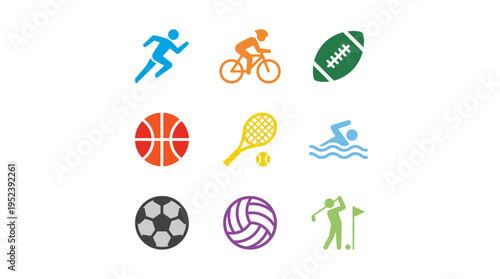 Diverse sports activities represented by a colorful collection of vector icons in a structured grid arrangement.