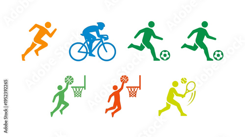 Colorful graphic icons of various athletic activities including running, cycling, soccer, basketball, and tennis, arranged in a grid