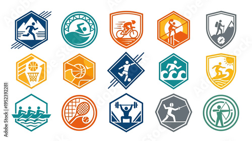 Dynamic collection of creative sports icon badges featuring various athletic activities like running, swimming, cycling, and more, in modern flat design.