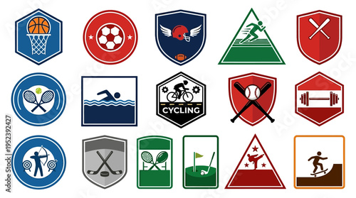 Clean, bold vector sports emblems bundle: diverse athletic activity icons for team badges, competition, active lifestyle.