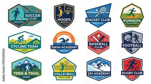 Creative collection of unique sports club and academy emblems featuring diverse athletic activities and outdoor recreation designs