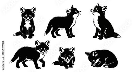 Set of Cute Black Foxes in Various Poses, Stylized Illustration