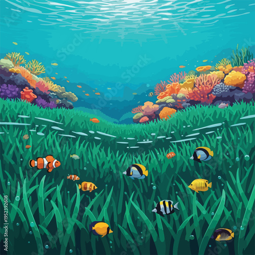 Colorful Fish Swimming in Seaweed Reef 1.