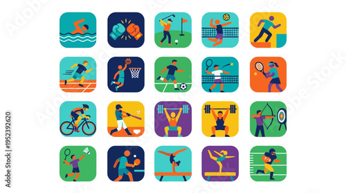 Dynamic Sports Icon Set Grid: Diverse Athletes Engaged in Various Competitive Activities and Training Exercises in Flat Design