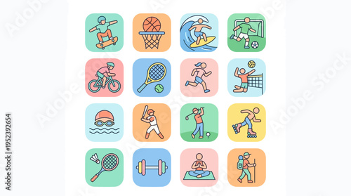 Comprehensive collection of sports and fitness icons in a vibrant flat line art style, illustrating various athletic endeavors.