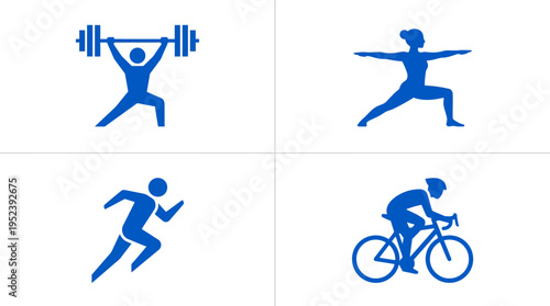 Professional sports and fitness icon collection featuring diverse activities: weightlifting, yoga, running, and cycling symbols.