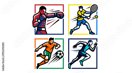 Bold geometric sports icon collection. Dynamic vector illustrations of athletes for boxing, tennis, soccer, running.