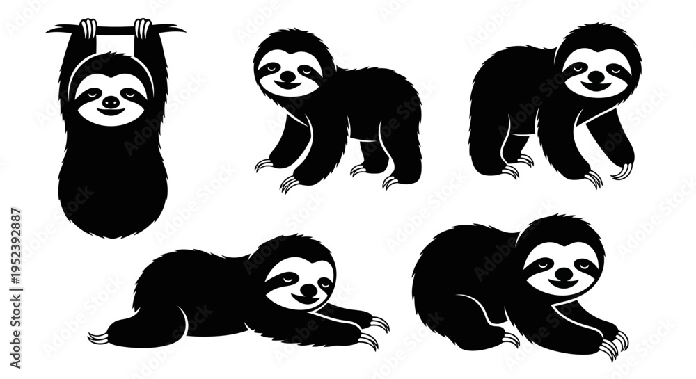 Obraz premium Set of Black Sloth Silhouettes in Various Poses on White Background