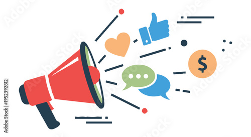 Marketing and communication icons burst from a megaphone representing digital outreach