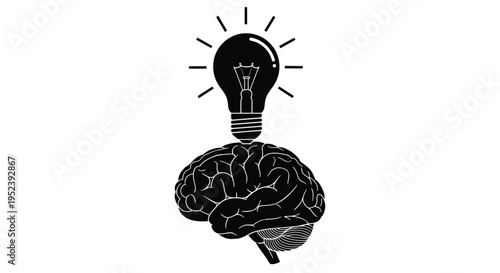 A black and white image depicting a lightbulb integrated with a human brain