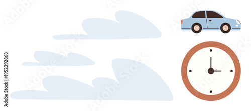 Transportation, time management, punctuality, travel efficiency, fast-paced lifestyle, scheduling. A car, clock and clouds are . Transportation and time management concept