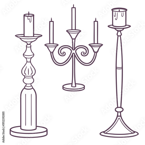 Set of three candle holders and candlesticks in outline style