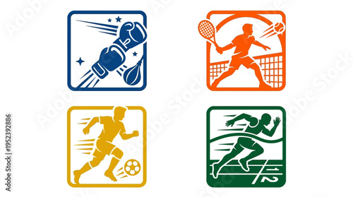Bold geometric sports icon collection featuring diverse athletic activities: boxing, tennis, soccer, and sprinting competition illustrations.