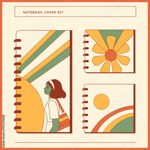 Retro groovy notebook cover set with abstract sun and flower designs