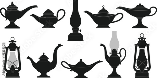 Vintage Lamp and Teapot Silhouette Set with Antique Lanterns, Oil Lamps, and Classic Tea Pots for Retro Illustration, Decorative Design