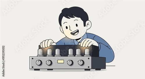 Vibrant cartoon vector illustration of cheerful male DJ operating sound mixer console with colorful buttons and knobs smiling