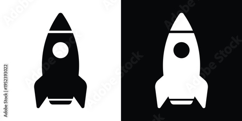 Sleek vertical rocket ship vector icon in black and white. Symbolizes startup growth, product launch, space exploration, and innovation. Clean flat design for apps, logos, and business concepts.