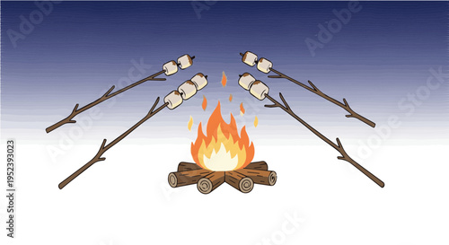 Vibrant cartoon vector illustration of cozy campfire with marshmallows roasting on sticks over flickering flames at night