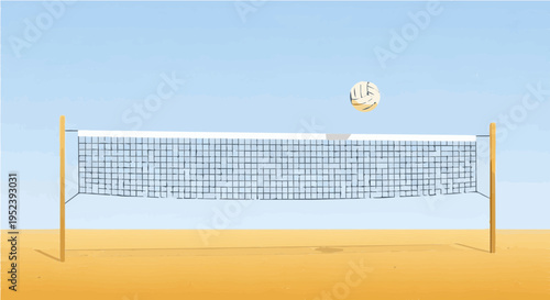 Vibrant cartoon vector illustration of beach volleyball net with ball flying over in sunny blue sky on sand