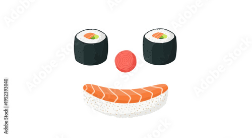 Vibrant cartoon vector illustration of funny cute kawaii sushi smiley face made with maki rolls for eyes salmon mouth