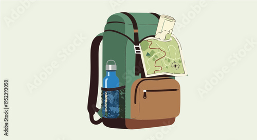 Vibrant cartoon vector illustration of detailed green adventure hiking backpack loaded with map papers and blue water bottle on side pocket
