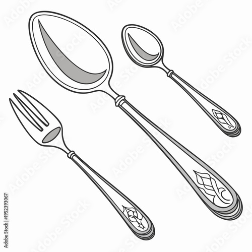 Ornate fork, spoon, and teaspoon set, line art