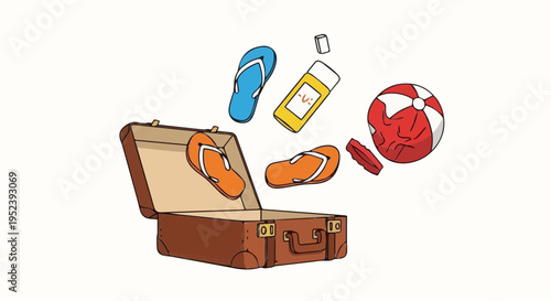 Vibrant cartoon vector illustration of open brown packed vacation suitcase with flip flops sunscreen lotion and beach ball items exploding out