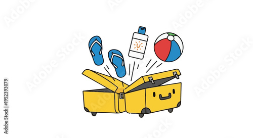 Vibrant cartoon vector illustration of open packed yellow suitcase with colorful beach flip flops sunscreen bottle and ball items popping out