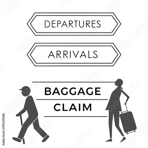 Airport signs: departures, arrivals, baggage claim, airport terminal