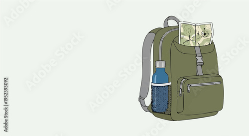 Vibrant cartoon vector illustration of isolated green travel backpack with dollar bills money sticking out and blue water bottle attached
