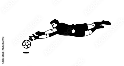 Vibrant cartoon vector illustration of soccer goalkeeper in gray uniform diving full stretch to catch soccer ball with gloves